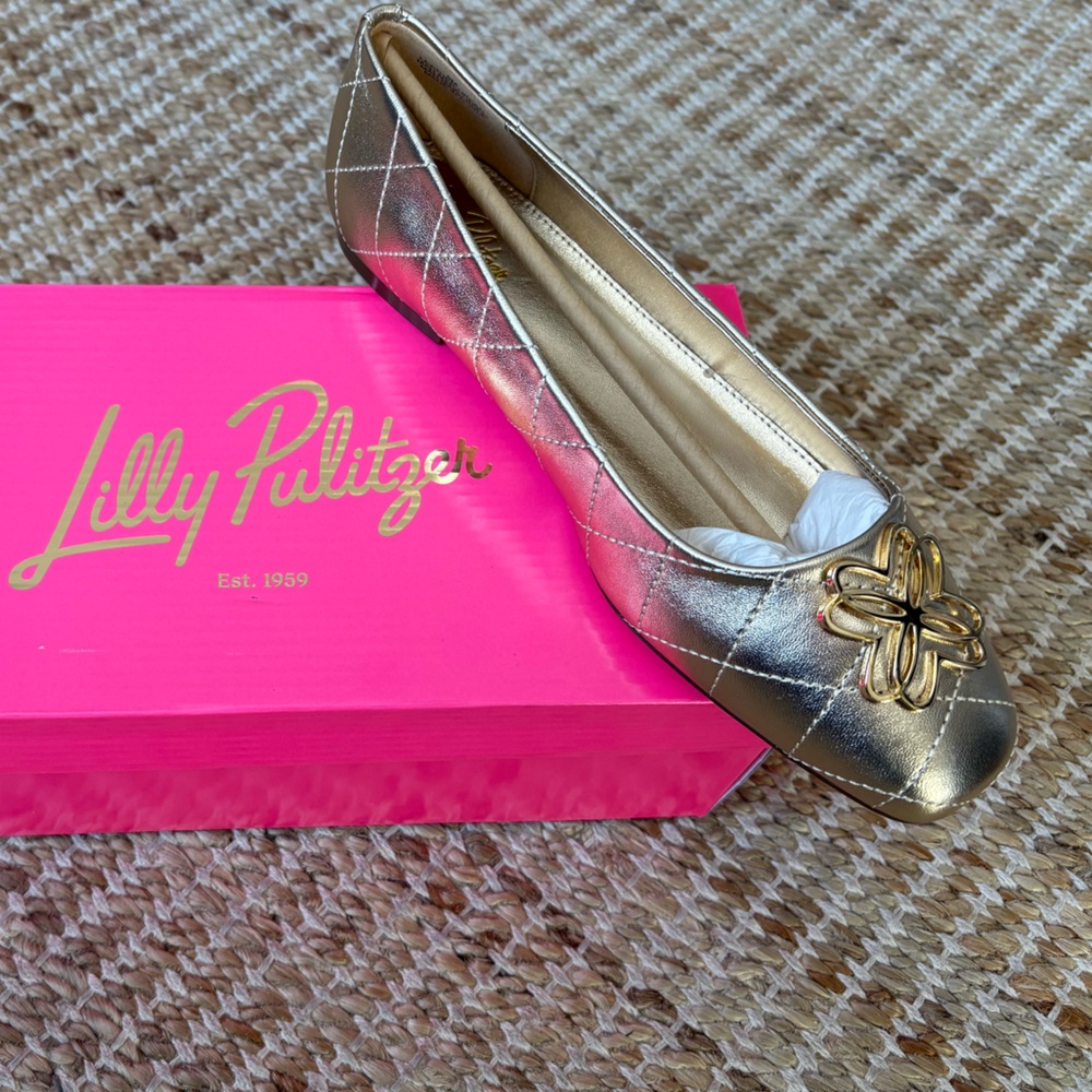 Lilly Pulitzer New In Box Gold Patina Ballet Flats